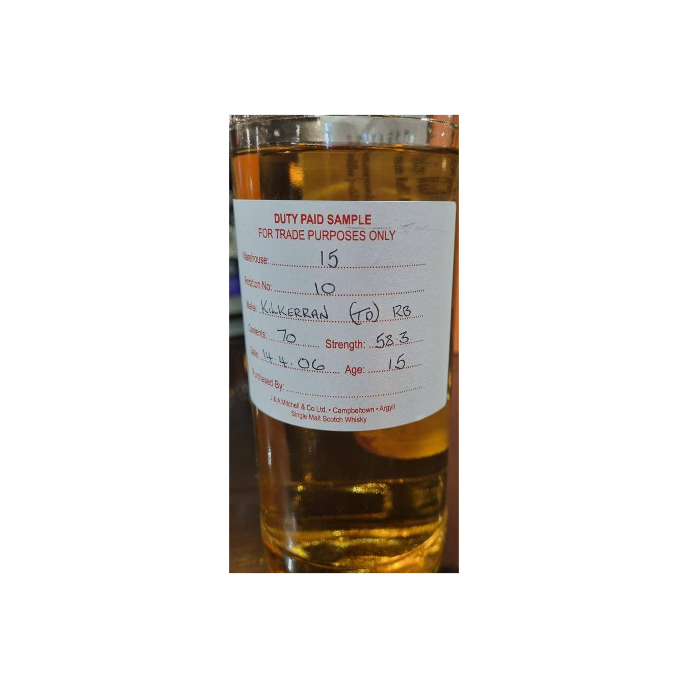 Kilkerran Duty Paid Sample - For Trade Purposes Only 2006 15 Years Single Malt Whisky