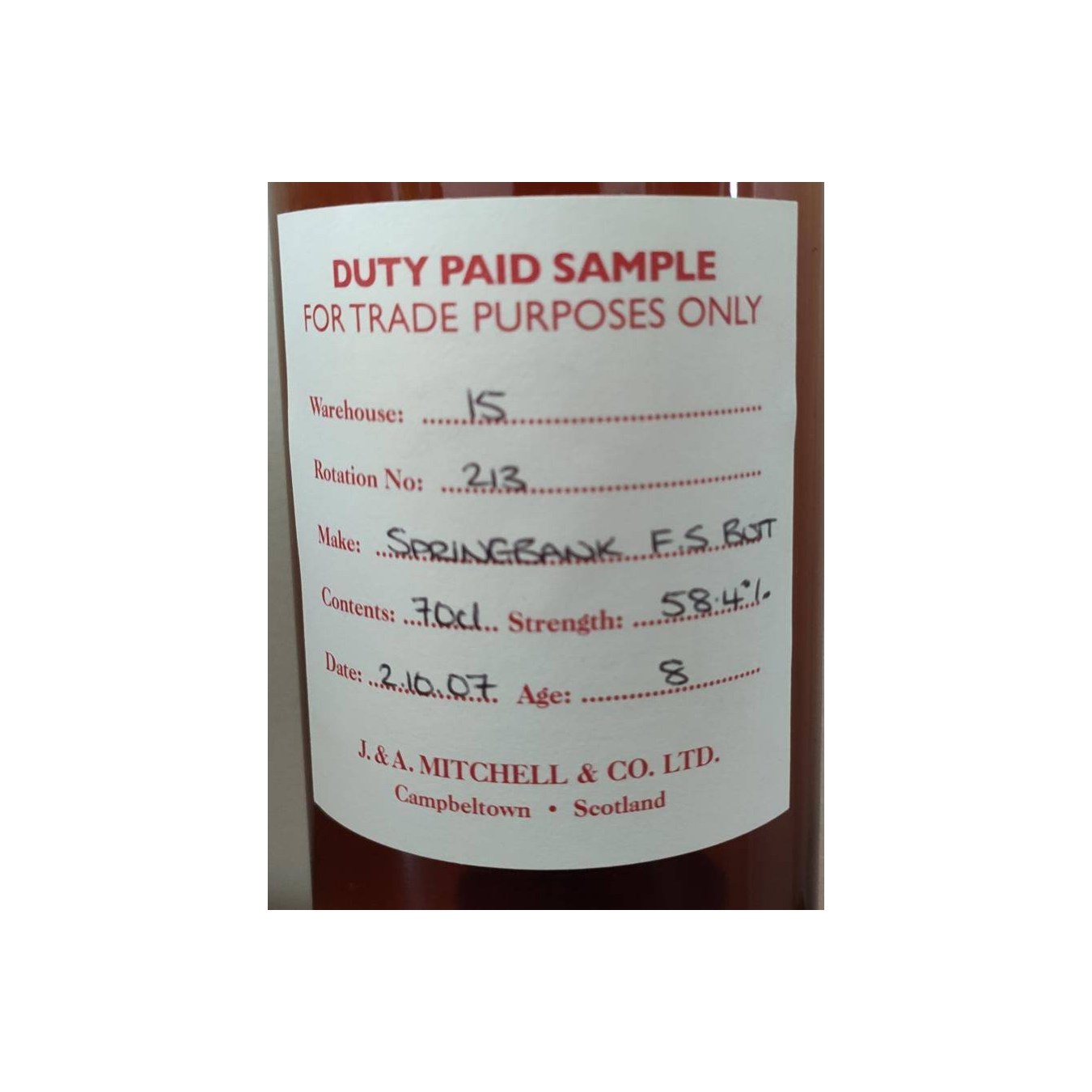 Springbank Duty Paid Sample - For Trade Purposes Only 2007 8 Years Single Malt Whisky 2