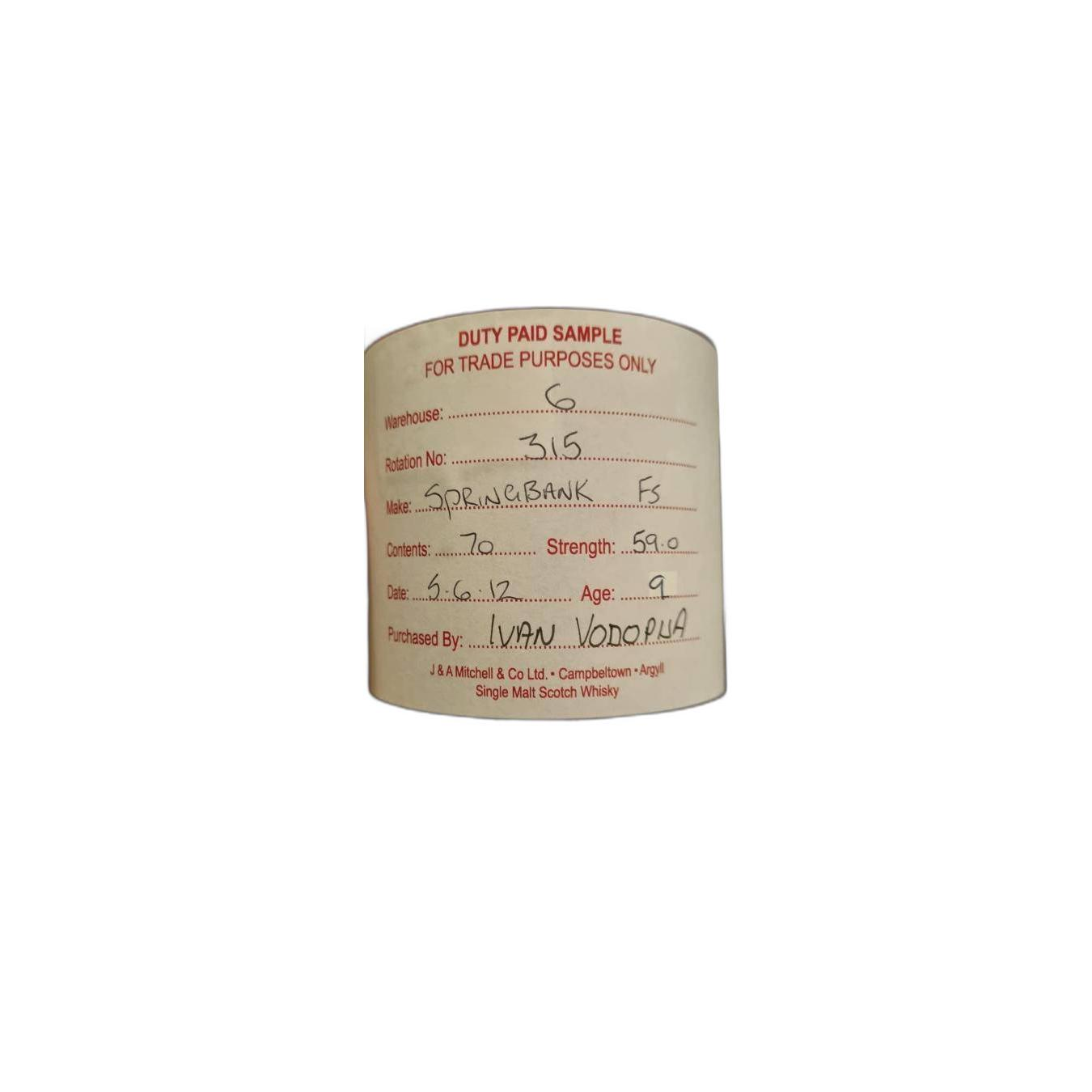 Springbank Duty Paid Sample - For Trade Purposes Only 2012 9 Years Single Malt Whisky