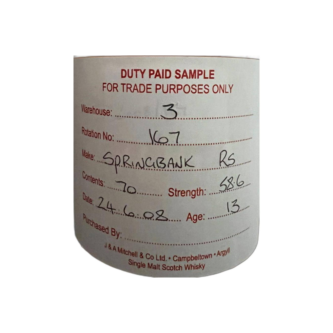 Springbank Duty Paid Sample - For Trade Purposes Only 2008 13 Years Single Malt Whisky 2