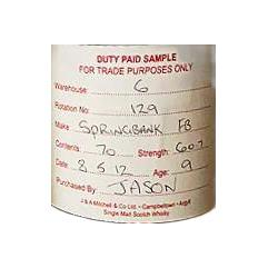 Springbank Duty Paid Sample - For Trade Purposes Only 2012 9 Years Single Malt Whisky