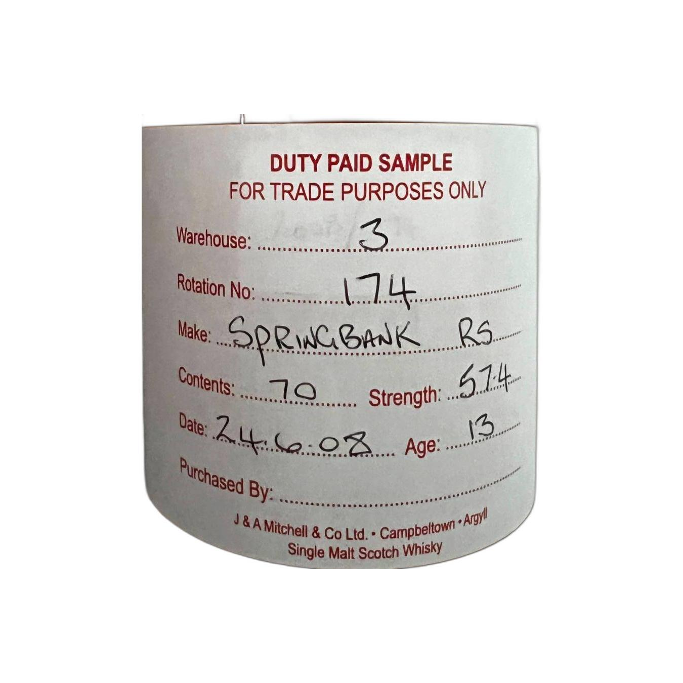Springbank Duty Paid Sample - For Trade Purposes Only 2008 13 Years Single Malt Whisky 2