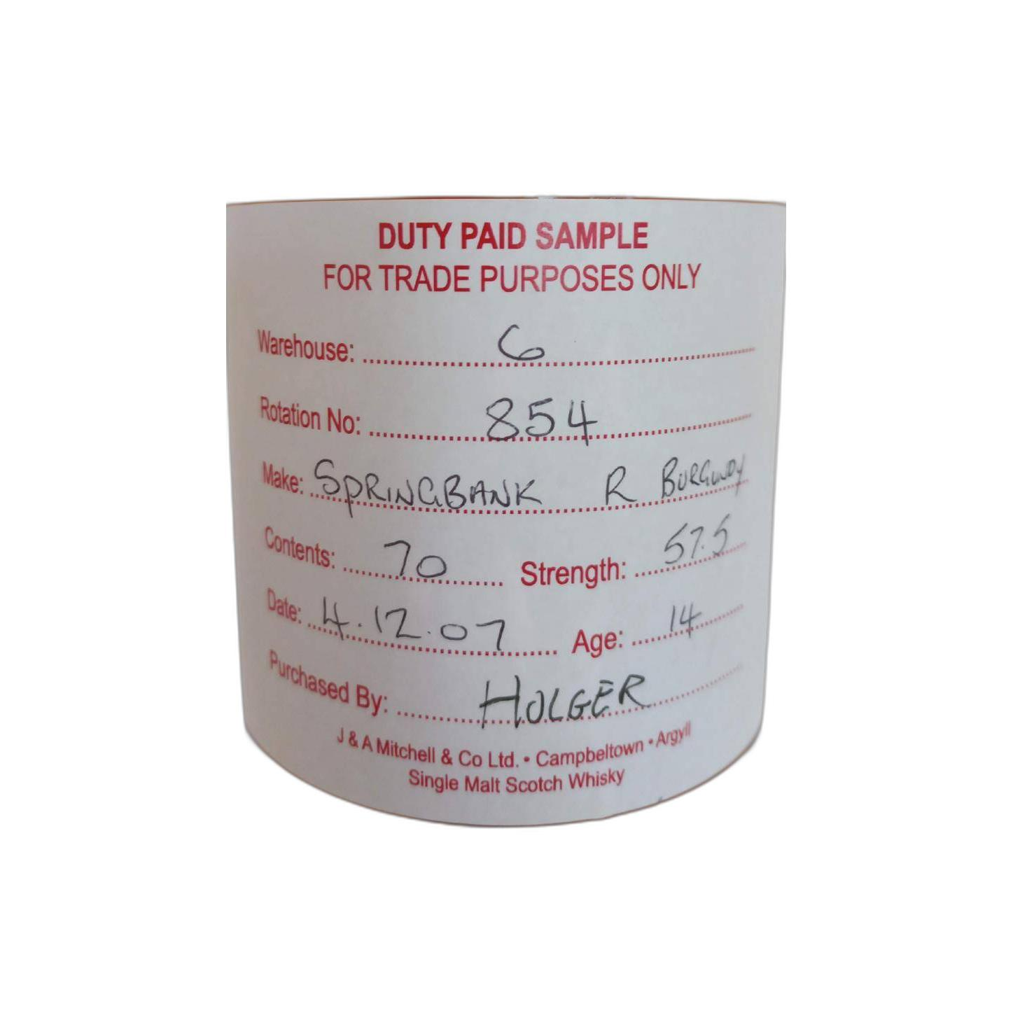 Springbank Duty Paid Sample - For Trade Purposes Only 2007 14 Years Single Malt Whisky 2