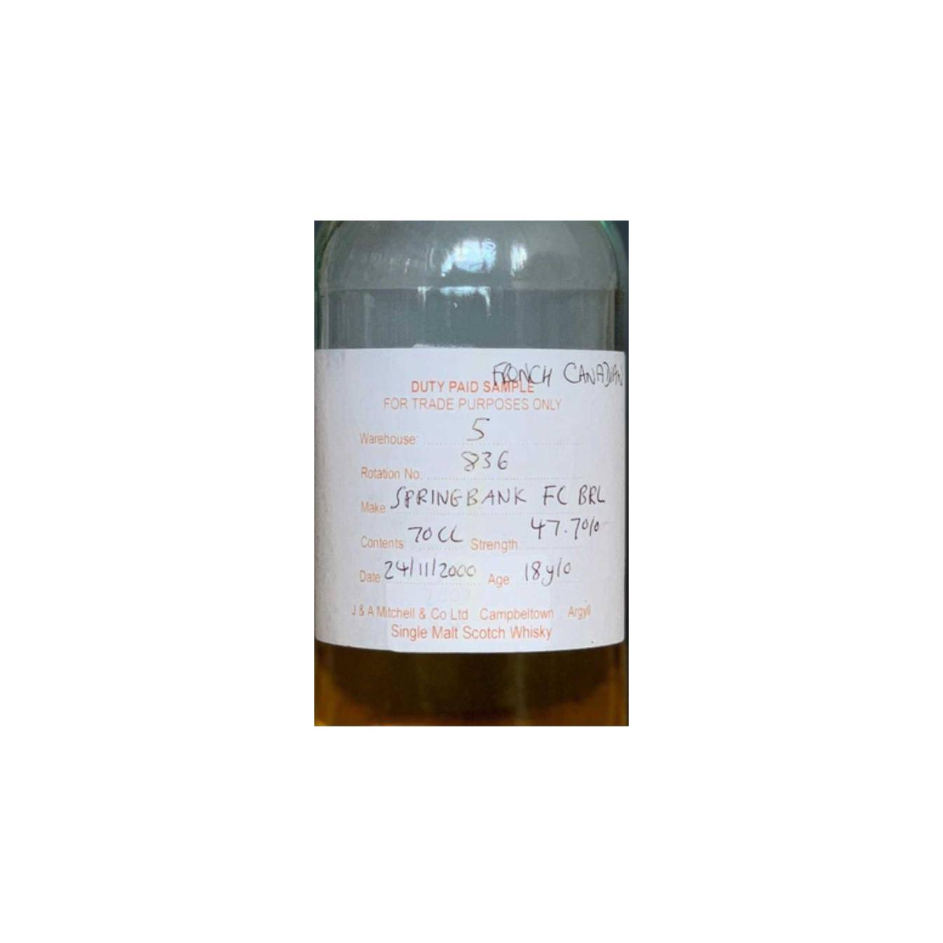 Springbank Duty Paid Sample - For Trade Purposes Only 2000 18 Years Single Malt Whisky