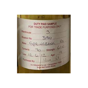 Springbank Duty Paid Sample - For Trade Purposes Only 2012 9 Years Single Malt Whisky