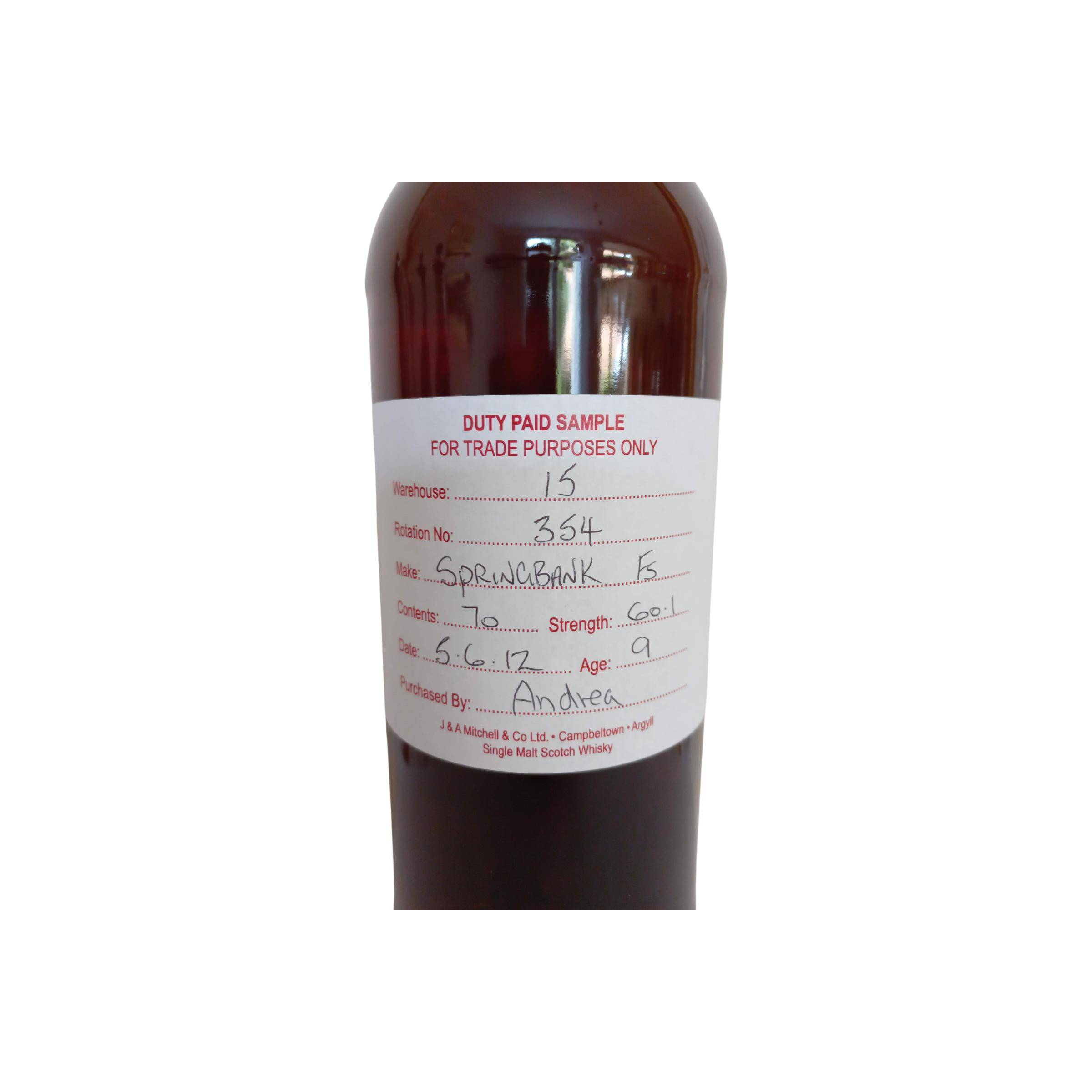 Springbank Duty Paid Sample - For Trade Purposes Only 2012 9 Years Single Malt Whisky 2