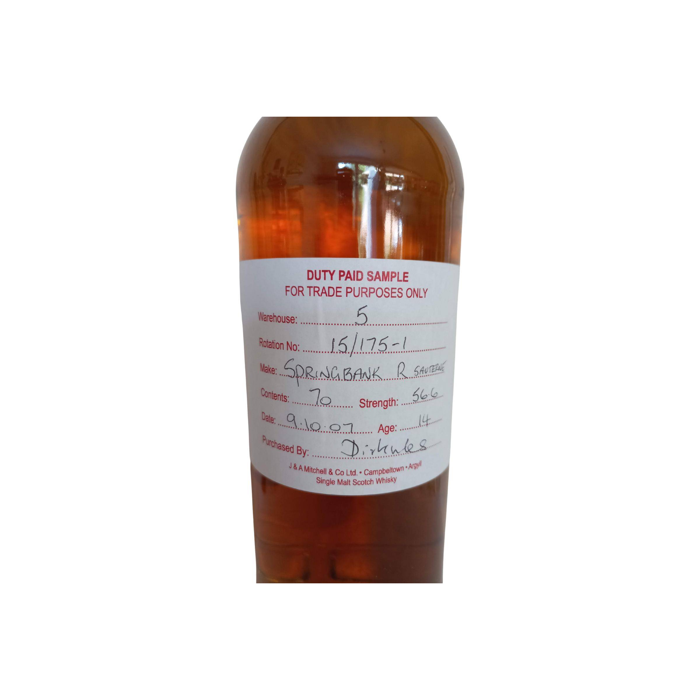 Springbank Duty Paid Sample - For Trade Purposes Only 2007 14 Years Single Malt Whisky 2