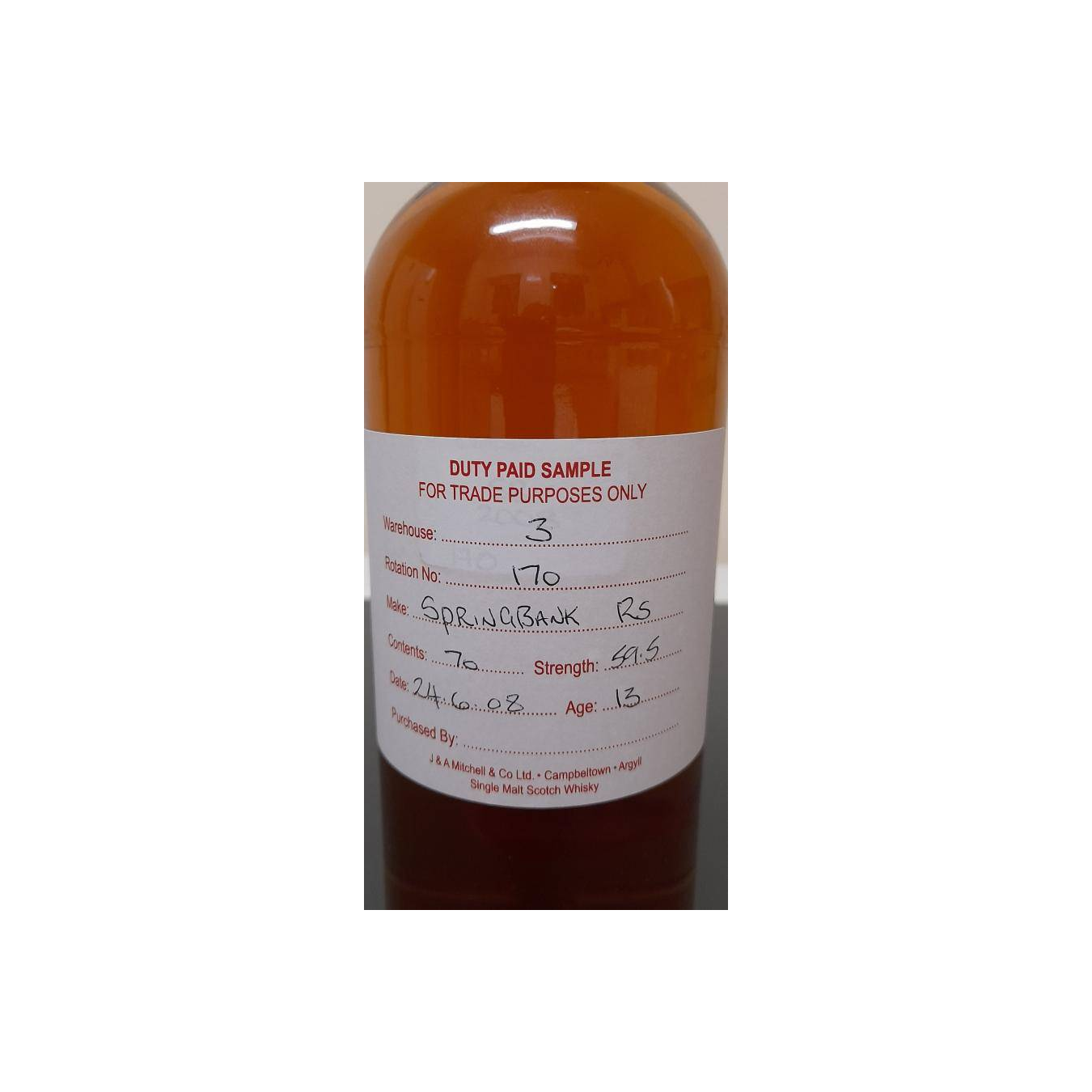 Springbank Duty Paid Sample - For Trade Purposes Only 2008 13 Years Single Malt Whisky
