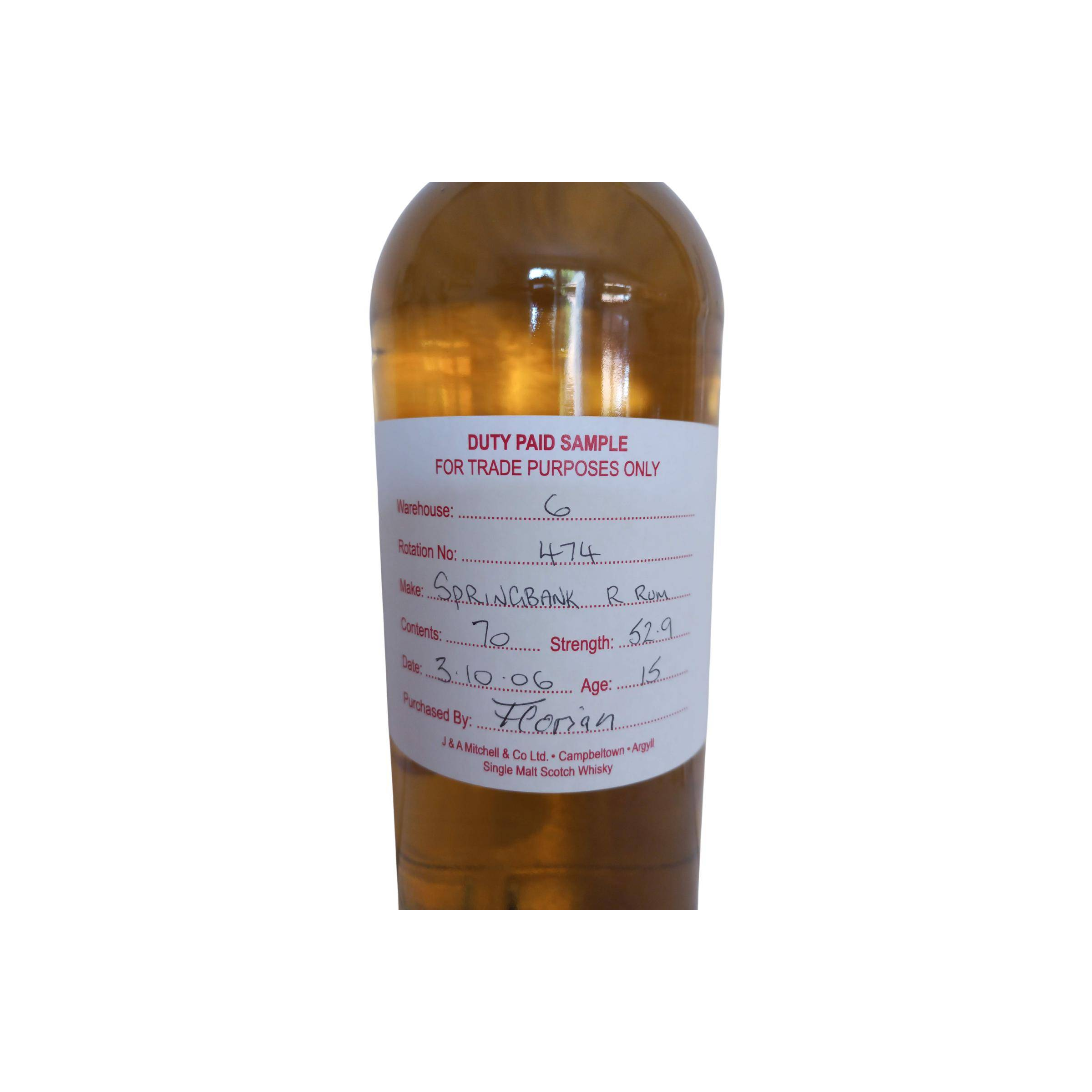 Springbank Duty Paid Sample - For Trade Purposes Only 2006 15 Years Single Malt Whisky 2