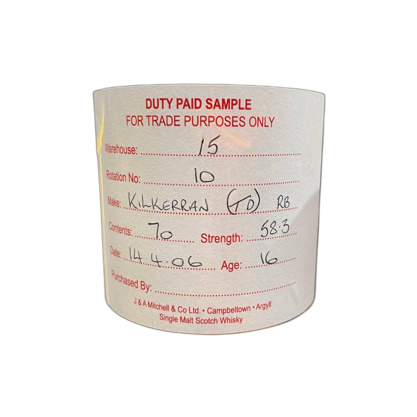Kilkerran Duty Paid Sample - For Trade Purposes Only 2006 16 Years Single Malt Whisky