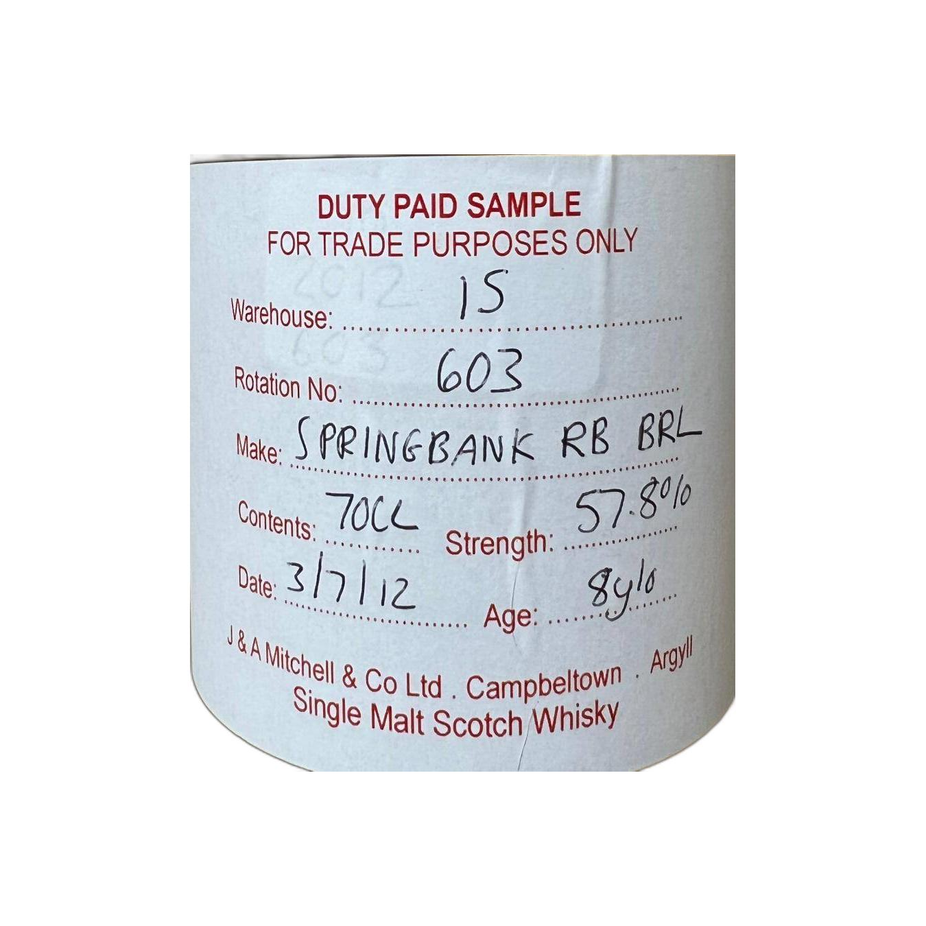 Springbank Duty Paid Sample - For Trade Purposes Only 2012 8 Years Single Malt Whisky 2