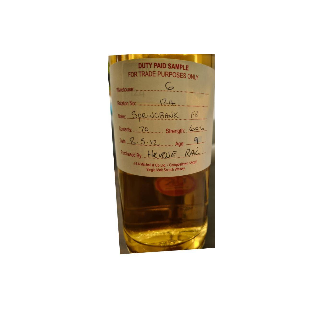 Springbank Duty Paid Sample - For Trade Purposes Only 2012 9 Years Single Malt Whisky