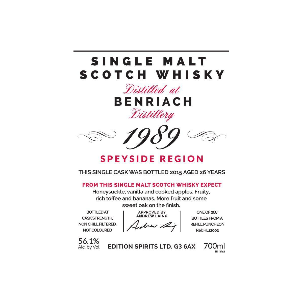 BenRiach The First Editions 1989 26 Years Single Malt Whisky 3