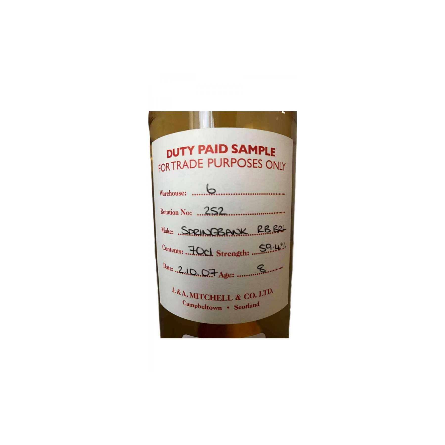 Springbank Duty Paid Sample - For Trade Purposes Only 2007 8 Years Single Malt Whisky 2