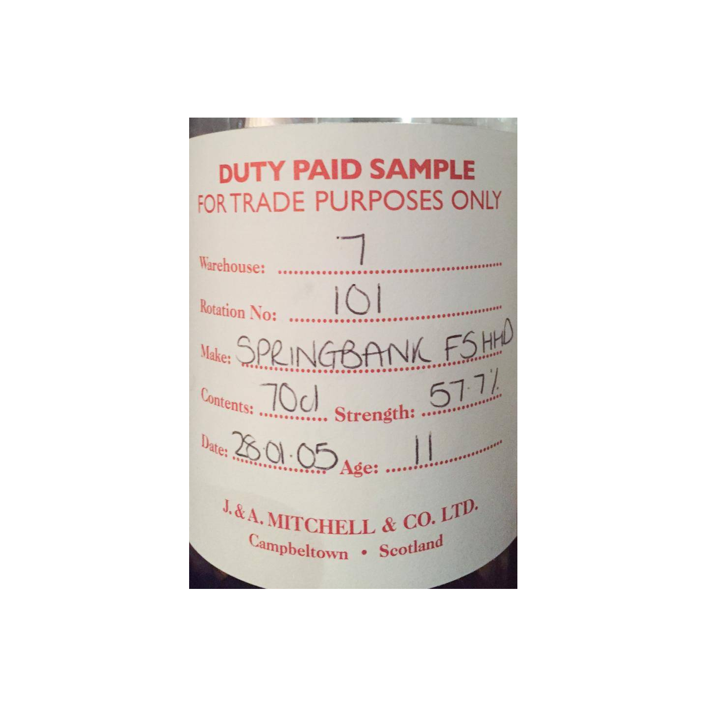 Springbank Duty Paid Sample - For Trade Purposes Only 2005 11 Years Single Malt Whisky