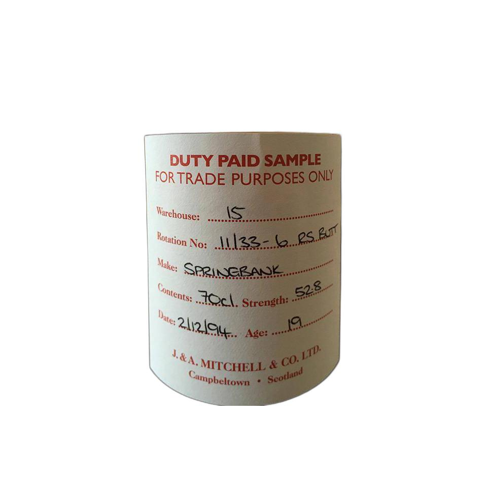 Springbank Duty Paid Sample - For Trade Purposes Only 1994 19 Years Single Malt Whisky