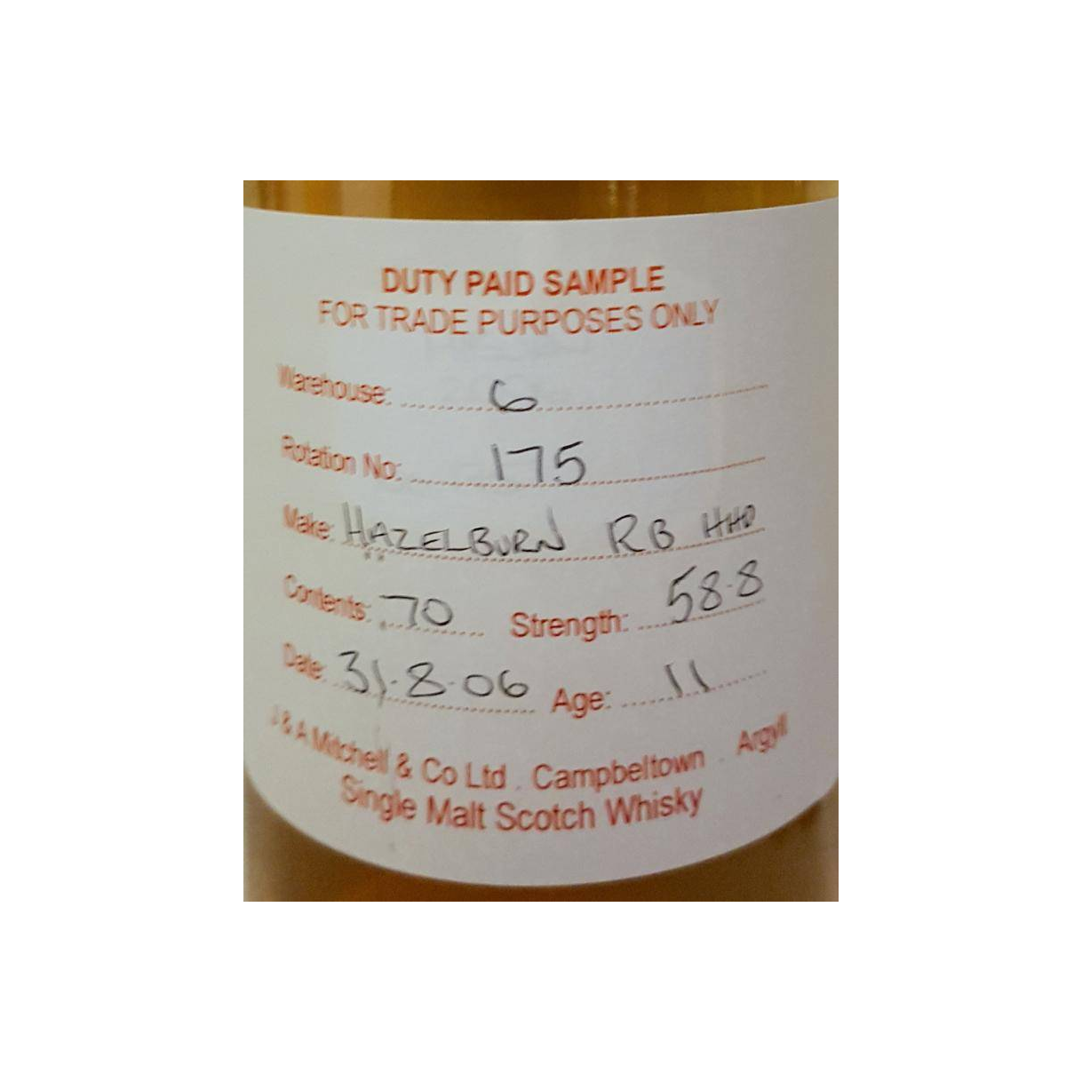 Hazelburn Duty Paid Sample - For Trade Purposes Only 2006 11 Years Single Malt Whisky 2