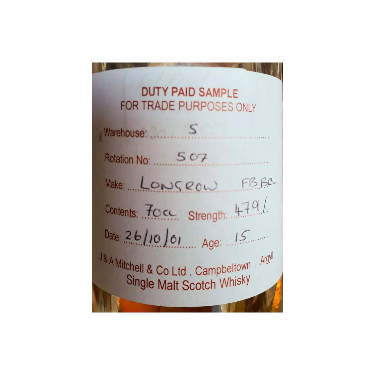 Longrow Duty Paid Sample - For Trade Purposes Only 2001 15 Years Single Malt Whisky