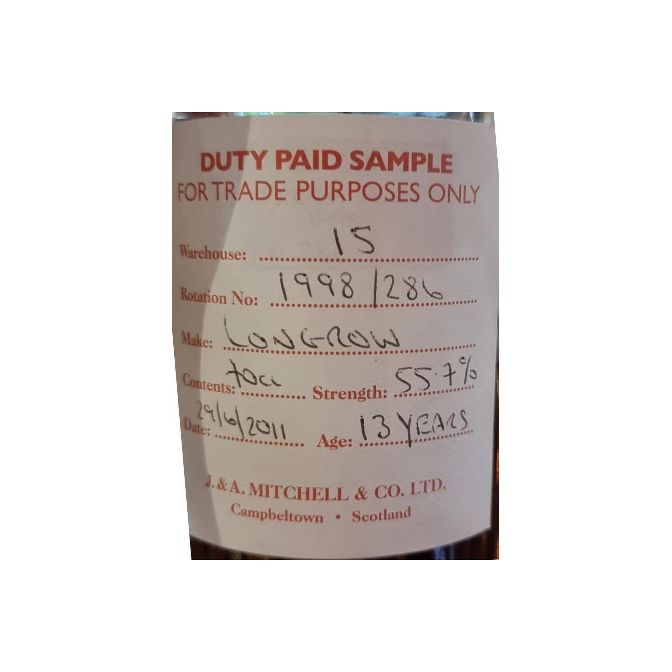 Longrow Duty Paid Sample - For Trade Purposes Only 1998 13 Years Single Malt Whisky
