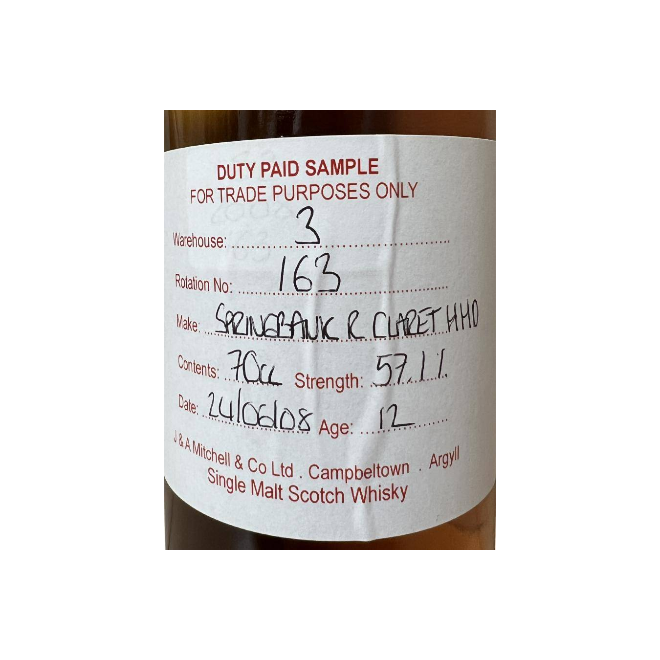 Springbank Duty Paid Sample - For Trade Purposes Only 2008 12 Years Single Malt Whisky 2