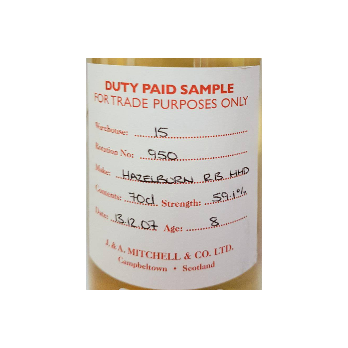 Hazelburn Duty Paid Sample - For Trade Purposes Only 2007 8 Years Single Malt Whisky 2
