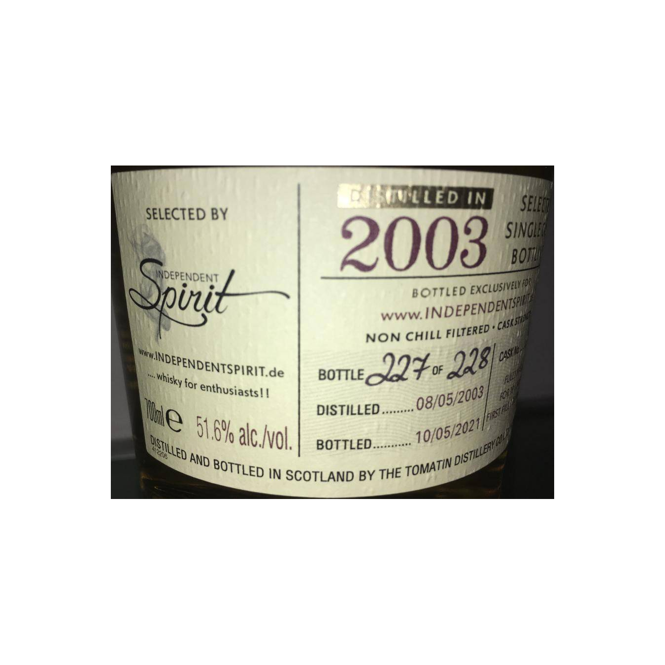 Tomatin Single Cask 2003 18 Years Single Malt Whisky