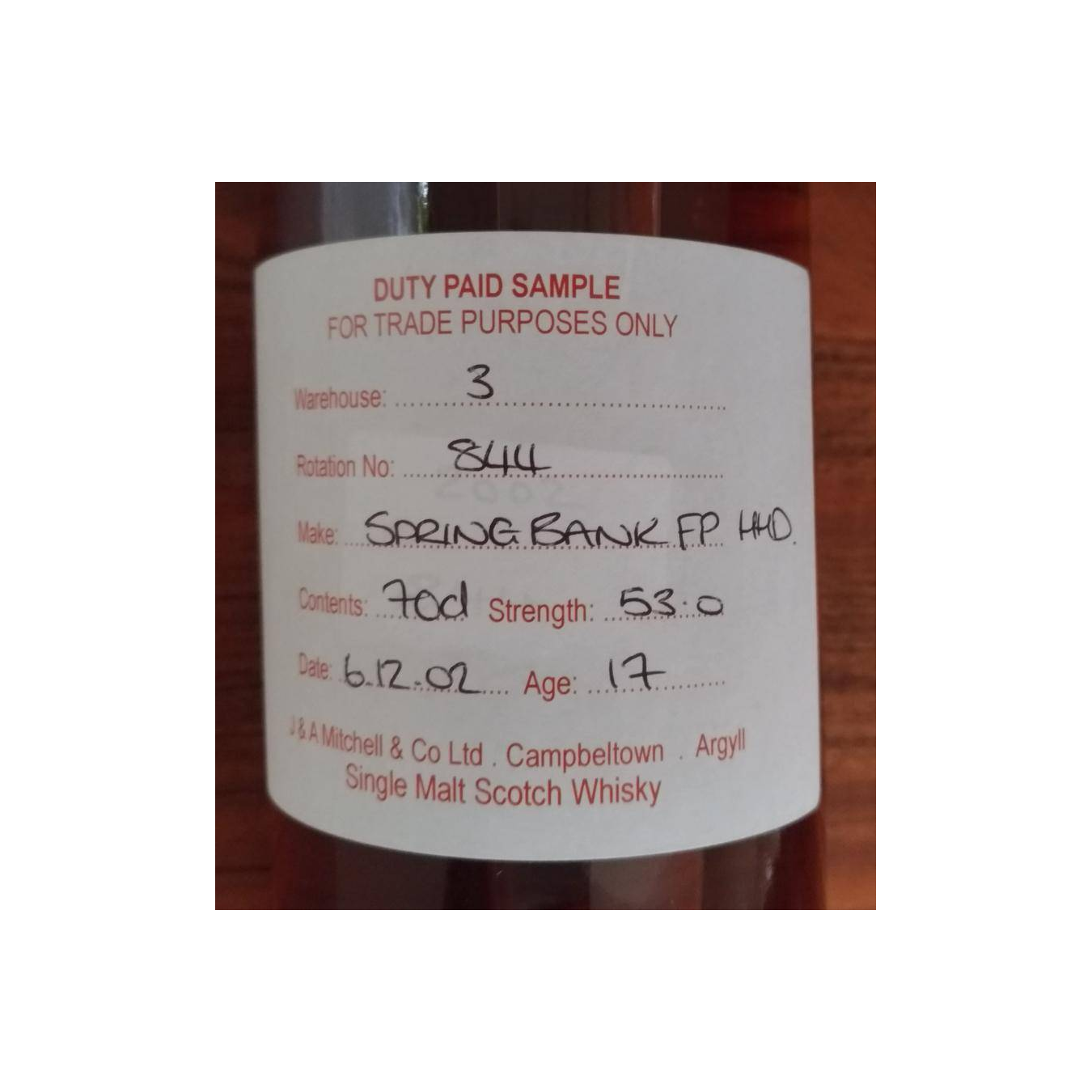 Springbank Duty Paid Sample - For Trade Purposes Only 2002 17 Years Single Malt Whisky