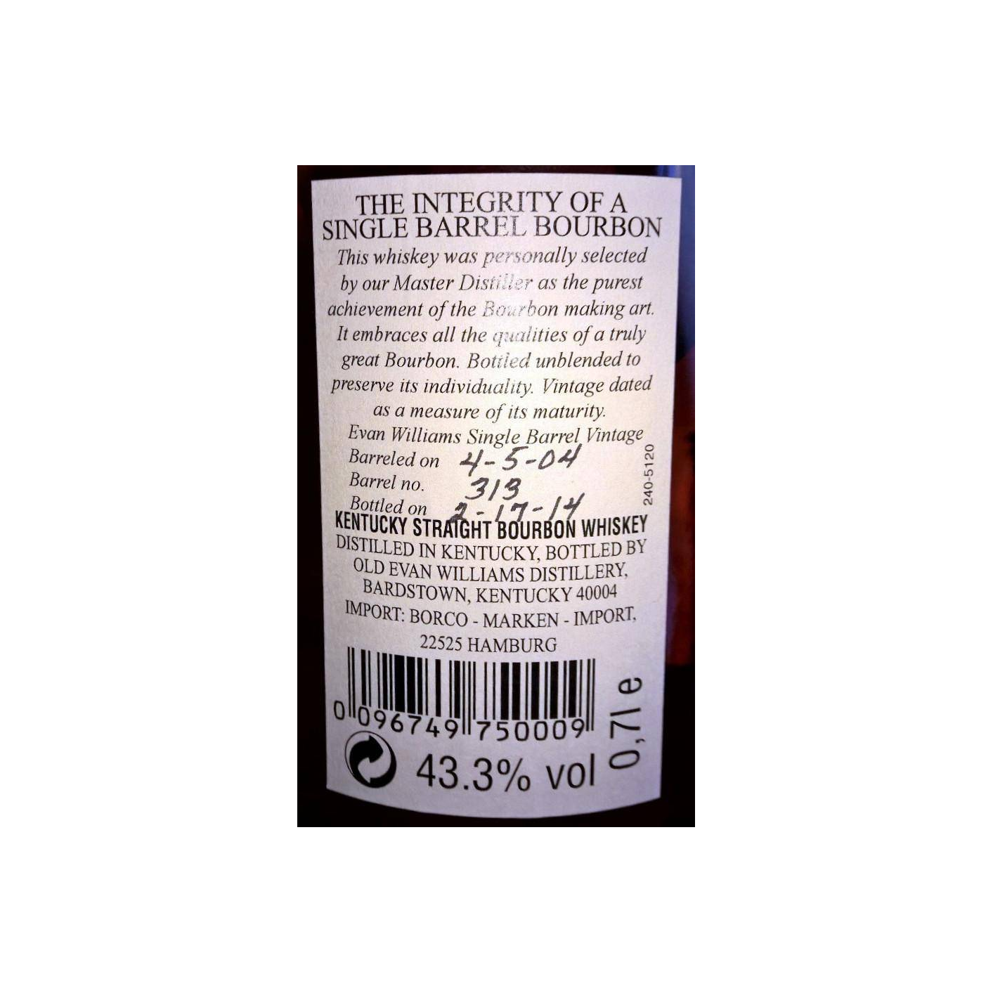 Evan Williams Single Cask 2004 9 Years Bourbon Whisky