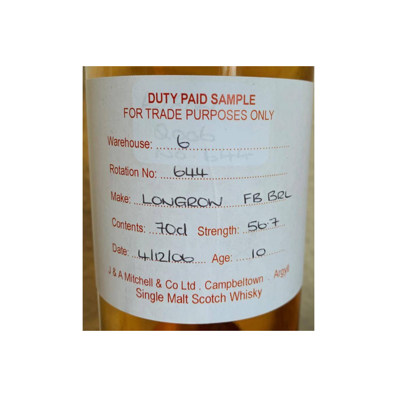 Longrow Duty Paid Sample - For Trade Purposes Only 2006 10 Years Single Malt Whisky