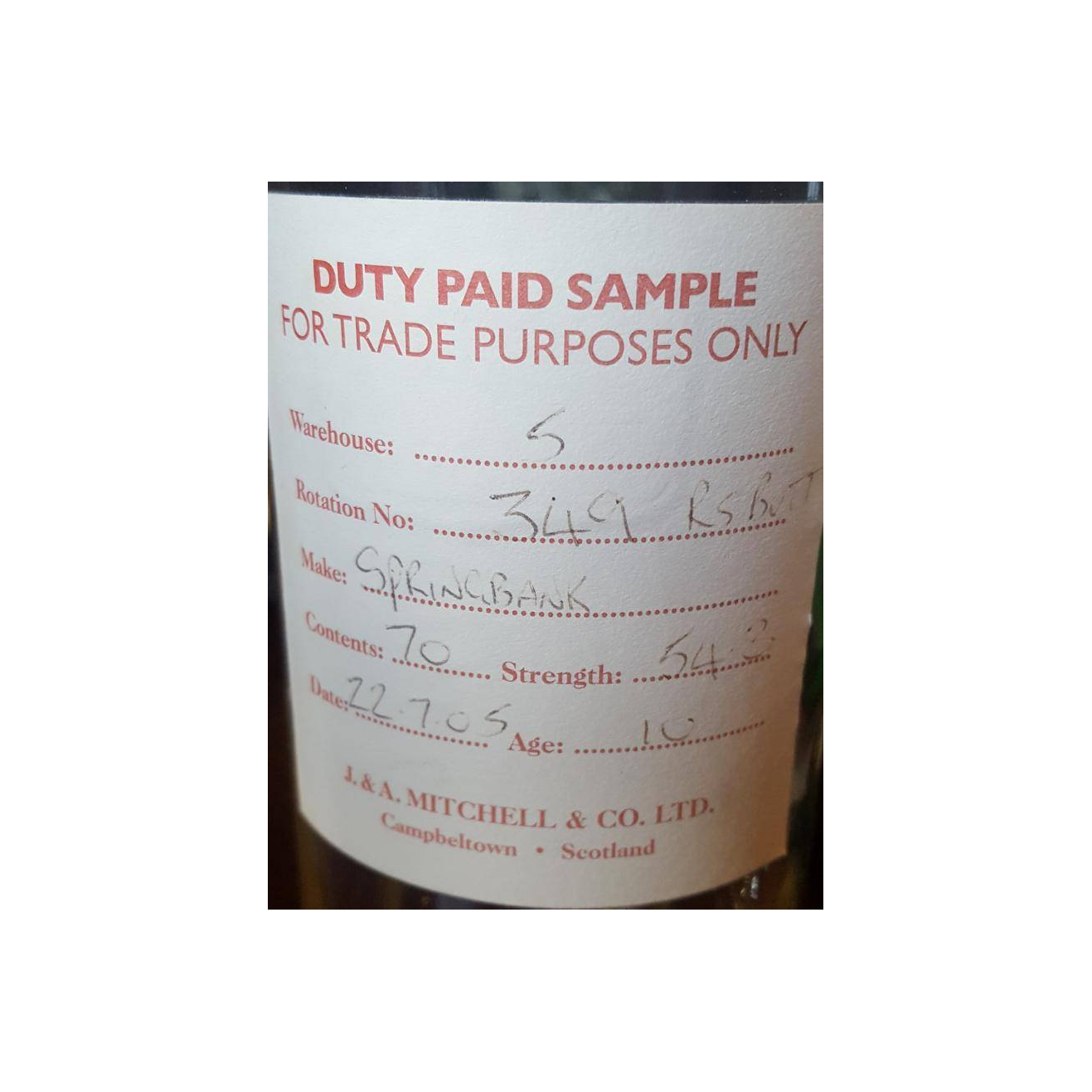 Springbank Duty Paid Sample - For Trade Purposes Only 2005 10 Years Single Malt Whisky