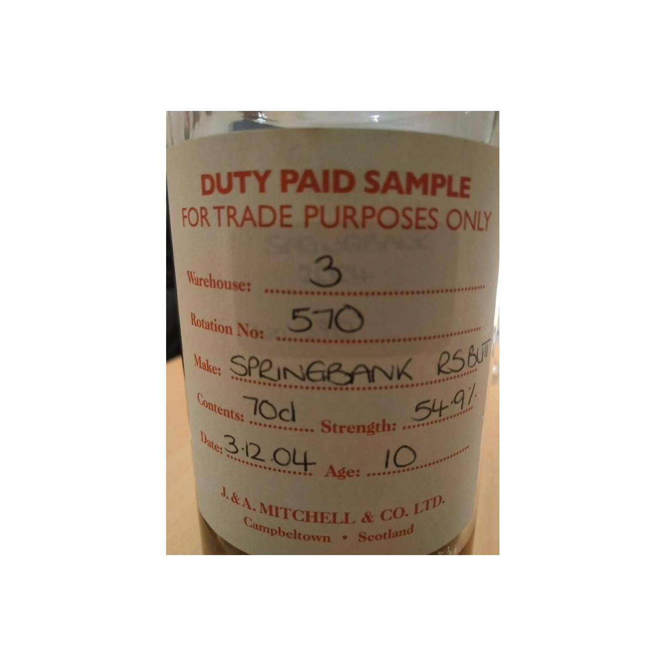 Springbank Duty Paid Sample - For Trade Purposes Only 2004 10 Years Single Malt Whisky
