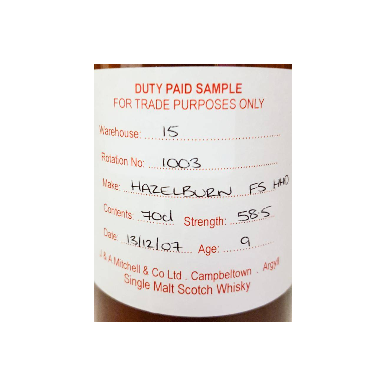 Hazelburn Duty Paid Sample - For Trade Purposes Only 2007 9 Years Single Malt Whisky 2