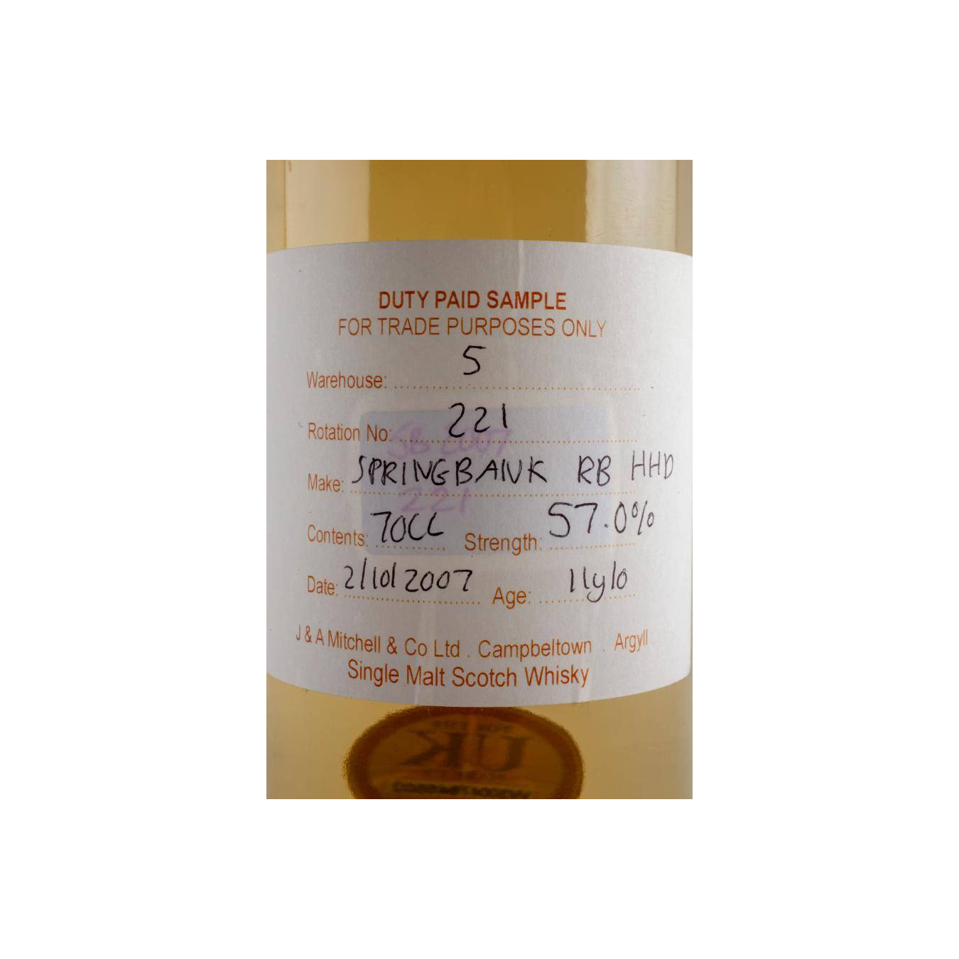 Springbank Duty Paid Sample - For Trade Purposes Only 2007 11 Years Single Malt Whisky 2