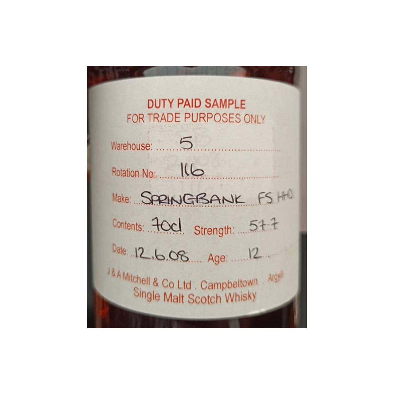 Springbank Duty Paid Sample - For Trade Purposes Only 2007 12 Years Single Malt Whisky