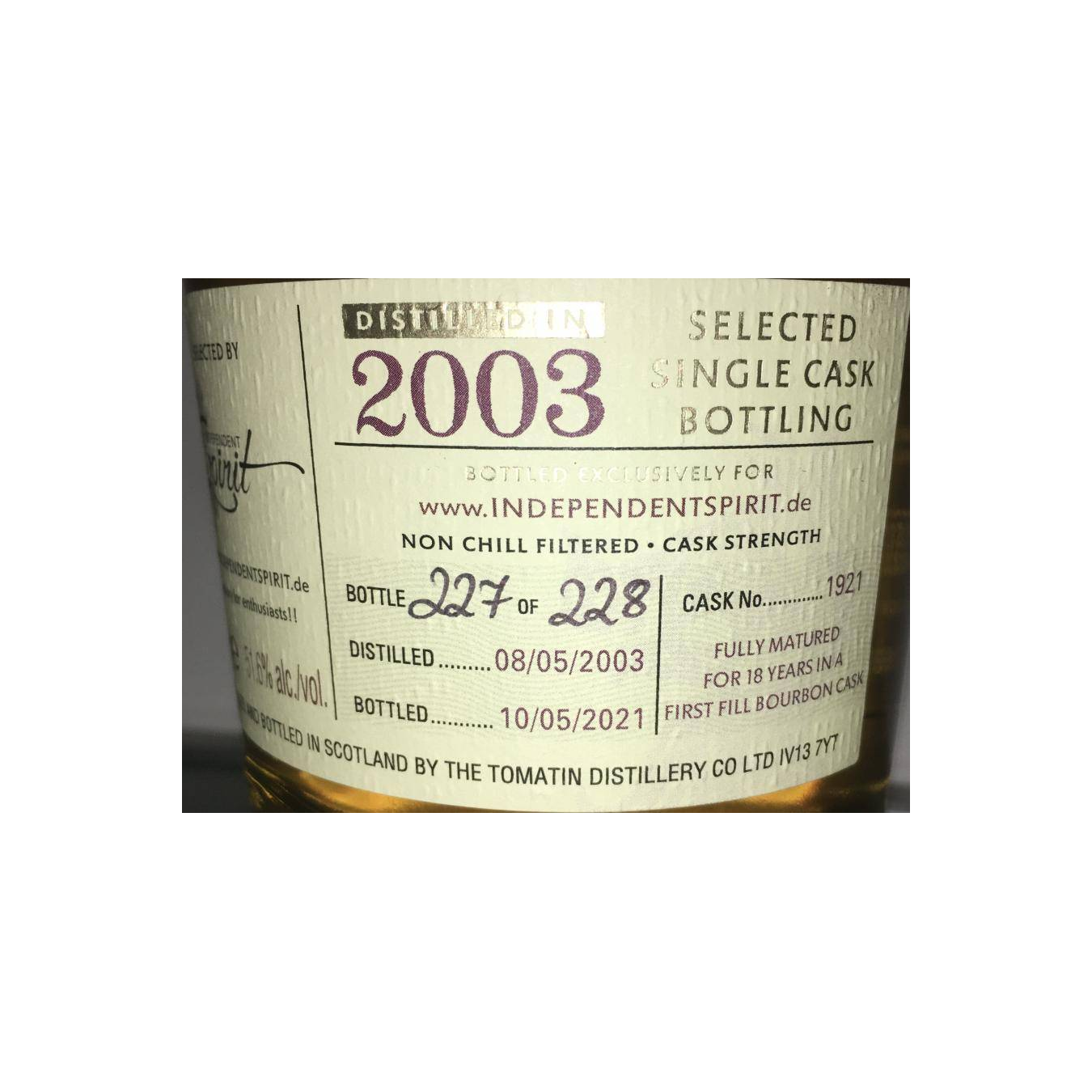 Tomatin Single Cask 2003 18 Years Single Malt Whisky 2