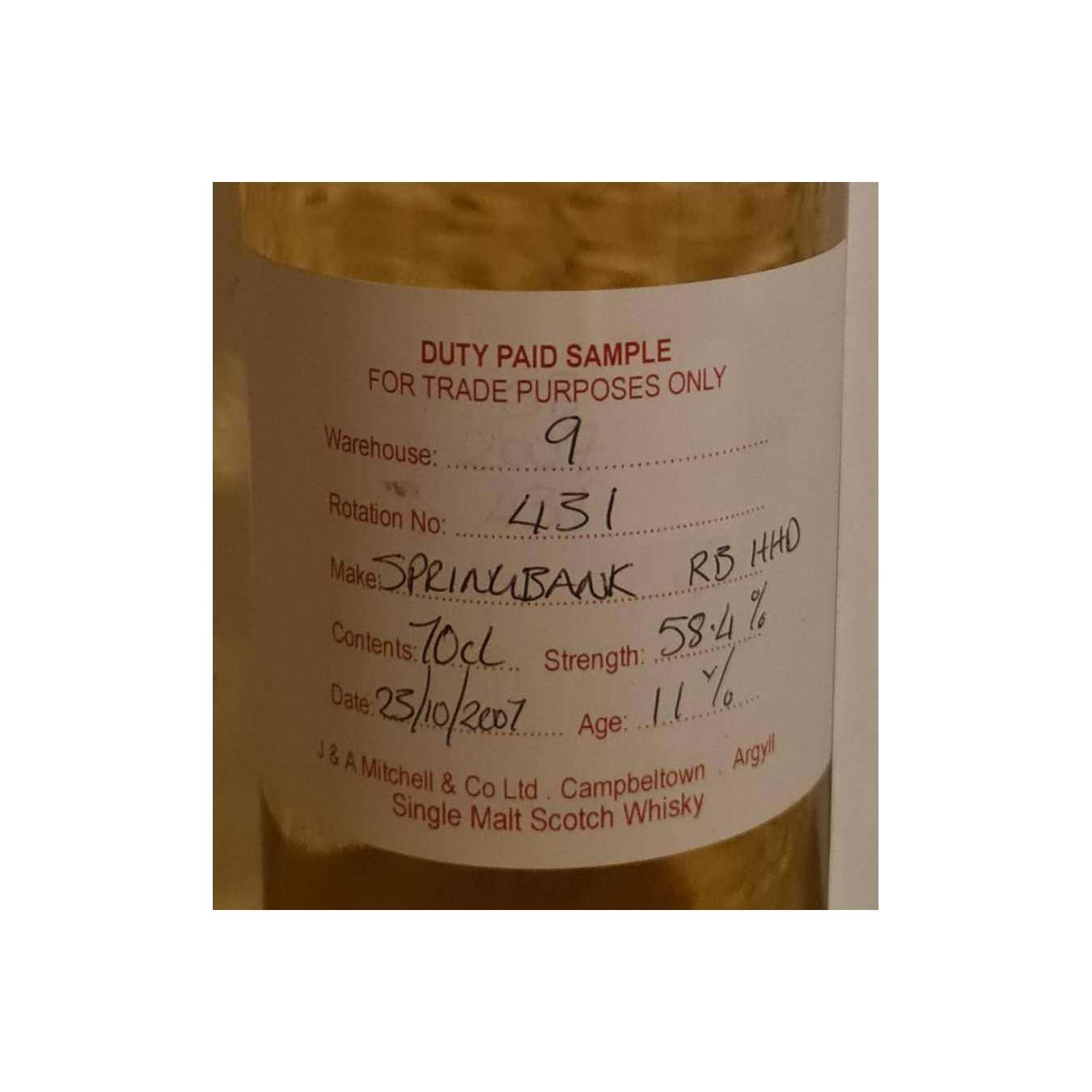 Springbank Duty Paid Sample - For Trade Purposes Only 2007 11 Years Single Malt Whisky