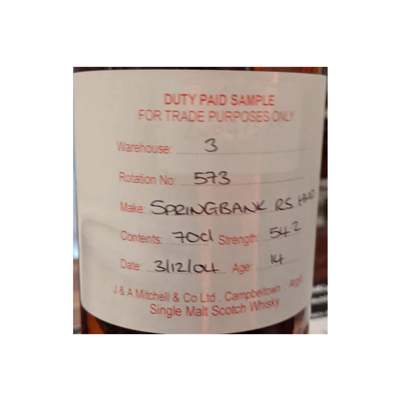 Springbank Duty Paid Sample - For Trade Purposes Only 2004 14 Years Single Malt Whisky