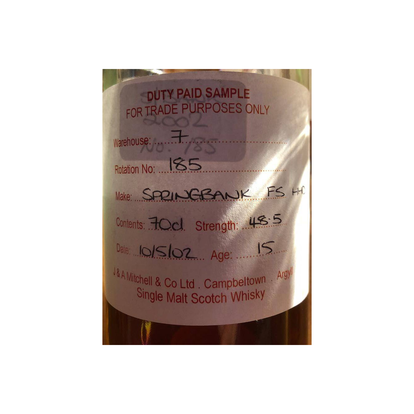 Springbank Duty Paid Sample - For Trade Purposes Only 2002 15 Years Single Malt Whisky