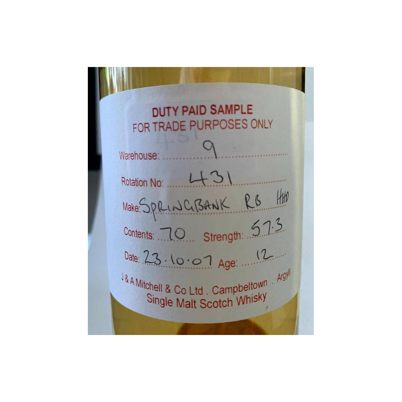 Springbank Duty Paid Sample - For Trade Purposes Only 2007 12 Years Single Malt Whisky