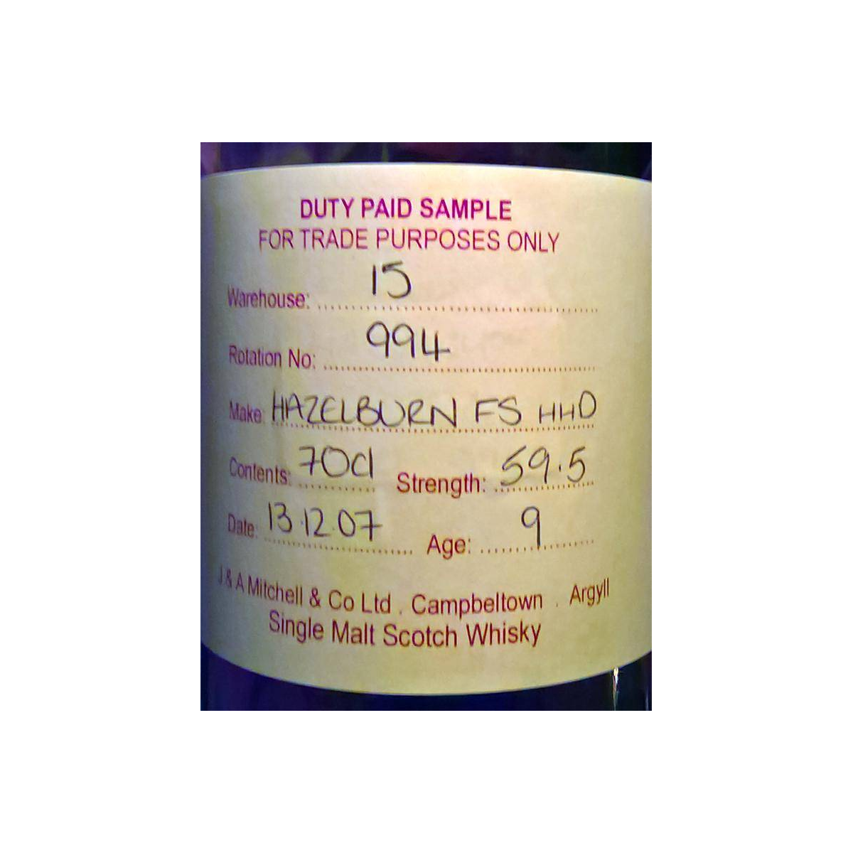 Hazelburn Duty Paid Sample - For Trade Purposes Only 2007 9 Years Single Malt Whisky