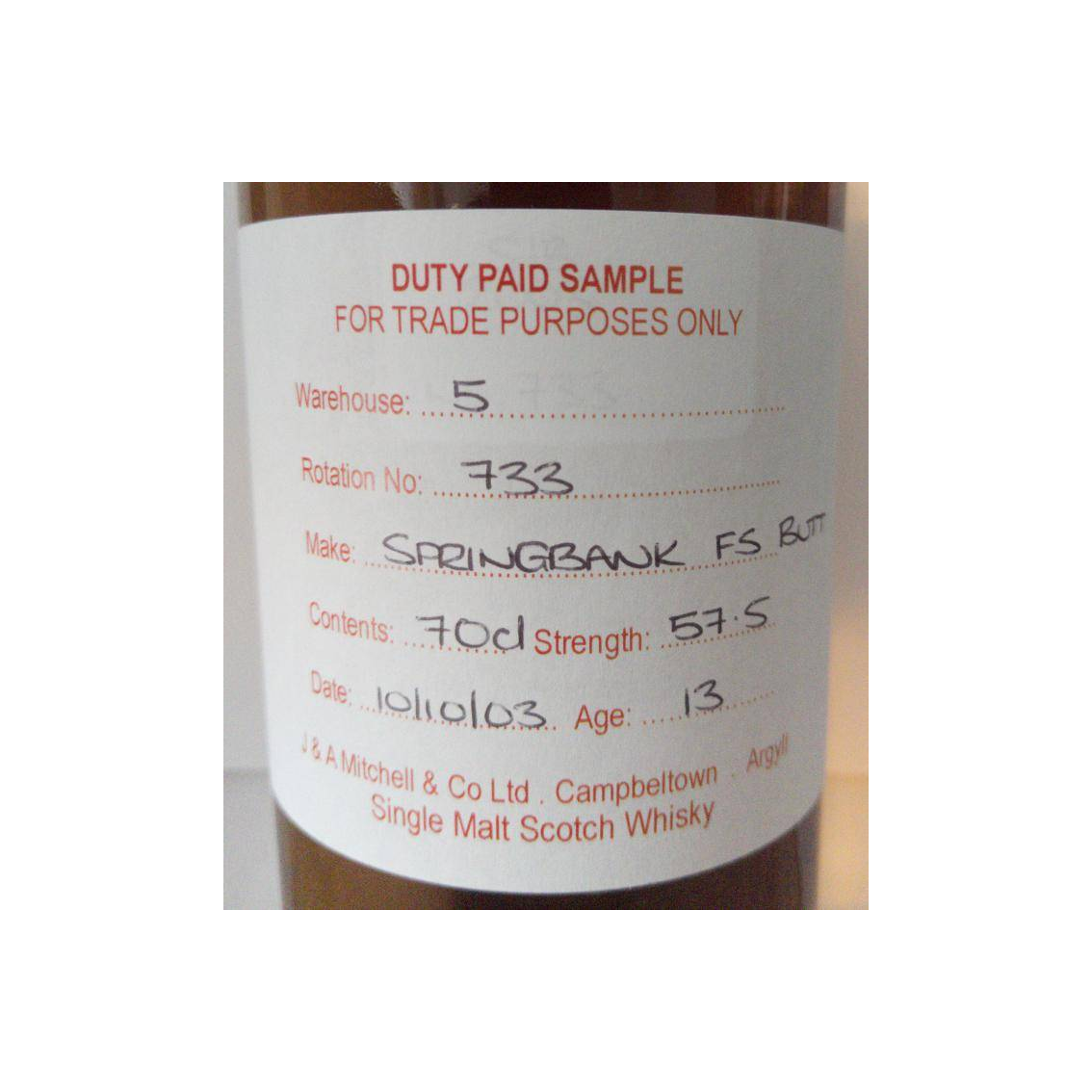 Springbank Duty Paid Sample - For Trade Purposes Only 2003 13 Years Single Malt Whisky 2