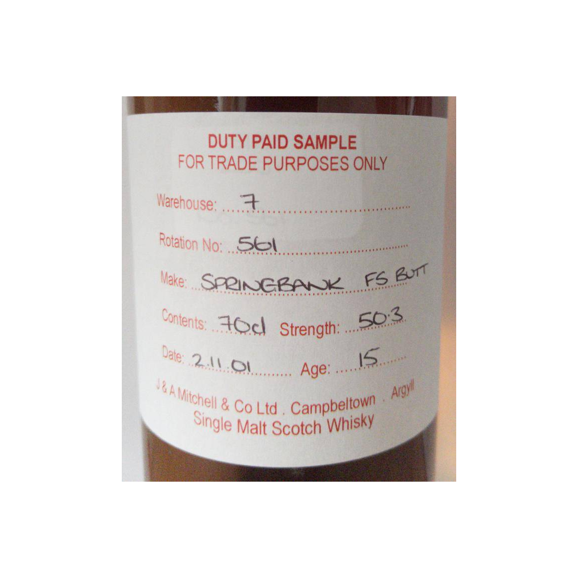 Springbank Duty Paid Sample - For Trade Purposes Only 2001 15 Years Single Malt Whisky 2