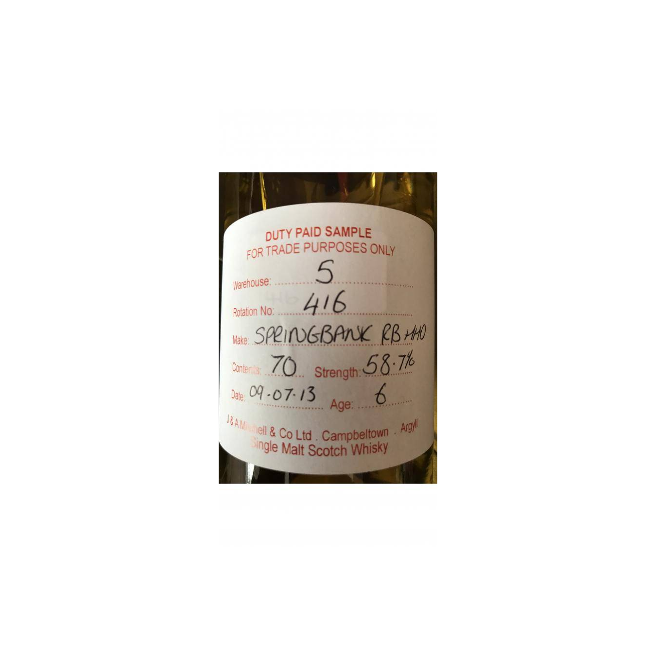 Springbank Duty Paid Sample - For Trade Purposes Only 2013 6 Years Single Malt Whisky