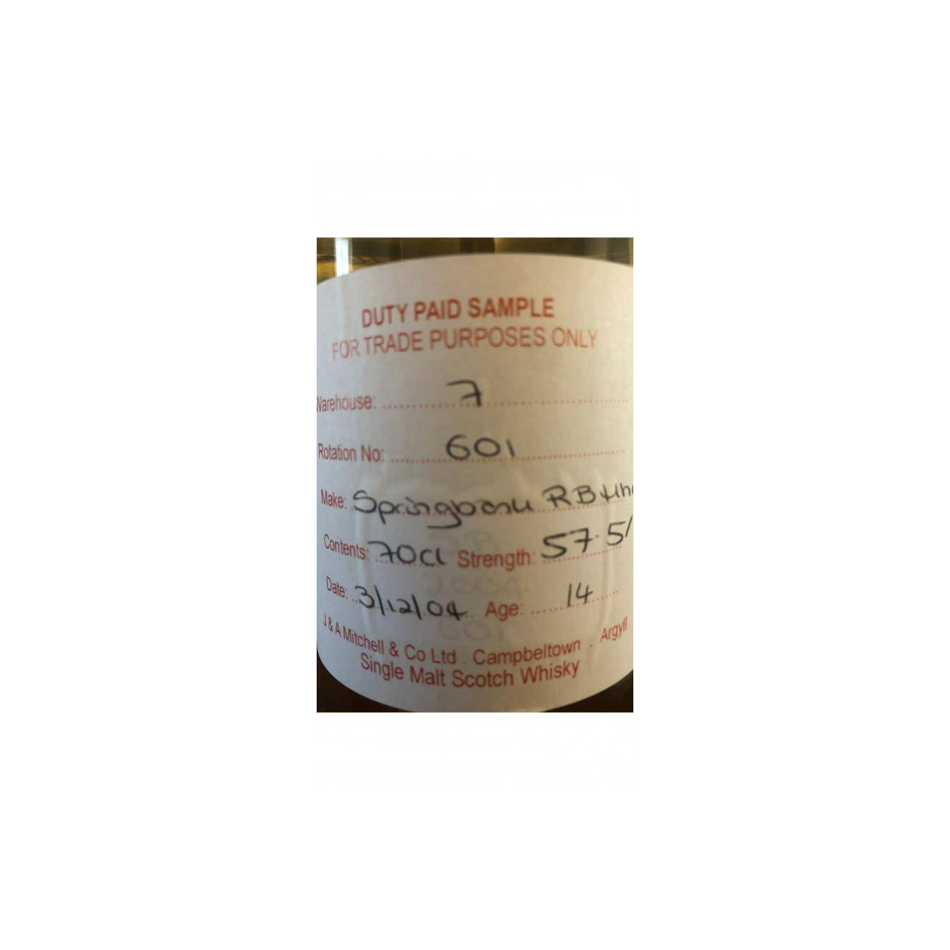 Springbank Duty Paid Sample - For Trade Purposes Only 2004 14 Years Single Malt Whisky
