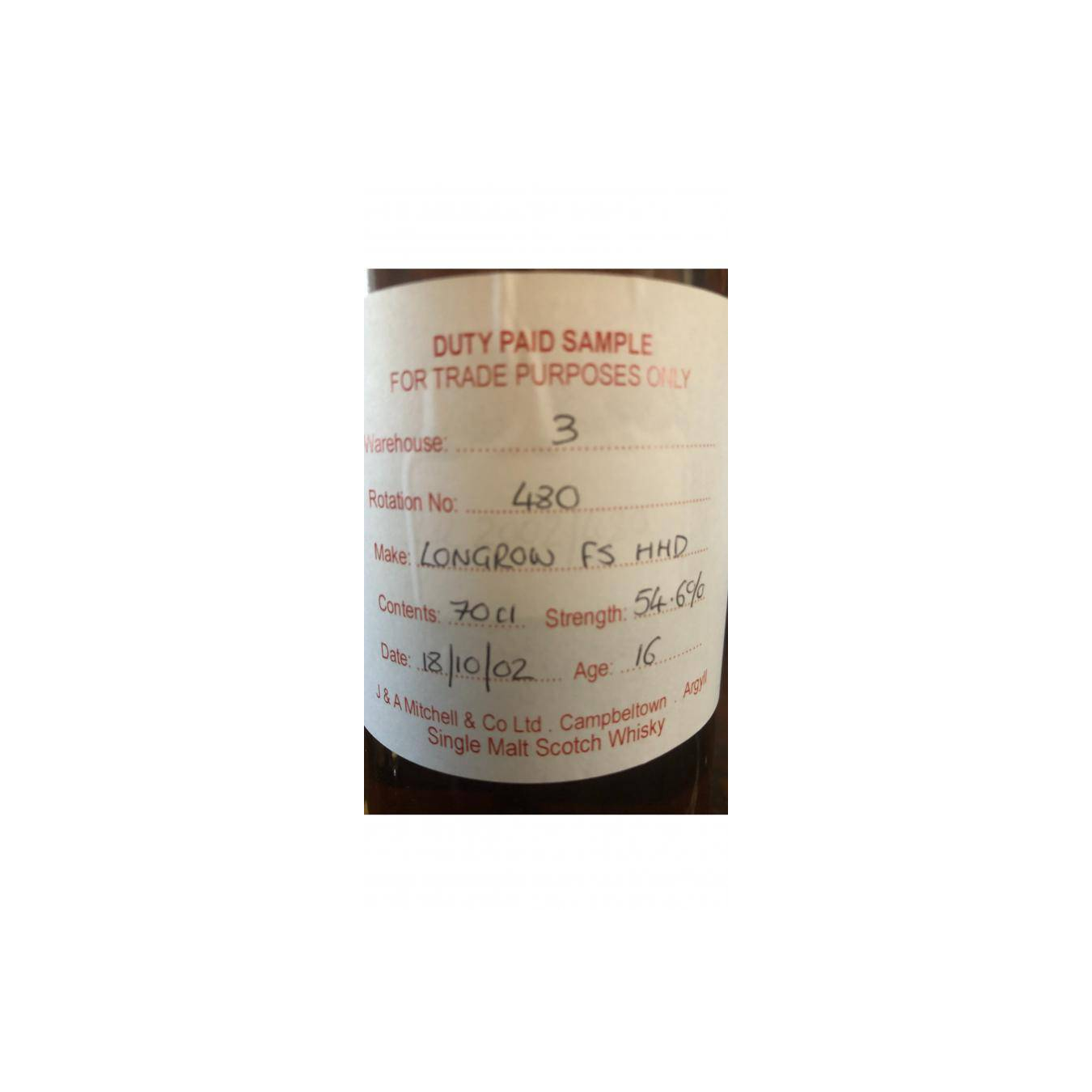 Longrow Duty Paid Sample - For Trade Purposes Only 2002 16 Years Single Malt Whisky