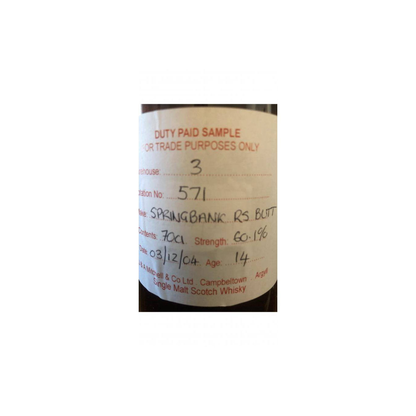 Springbank Duty Paid Sample - For Trade Purposes Only 2004 14 Years Single Malt Whisky