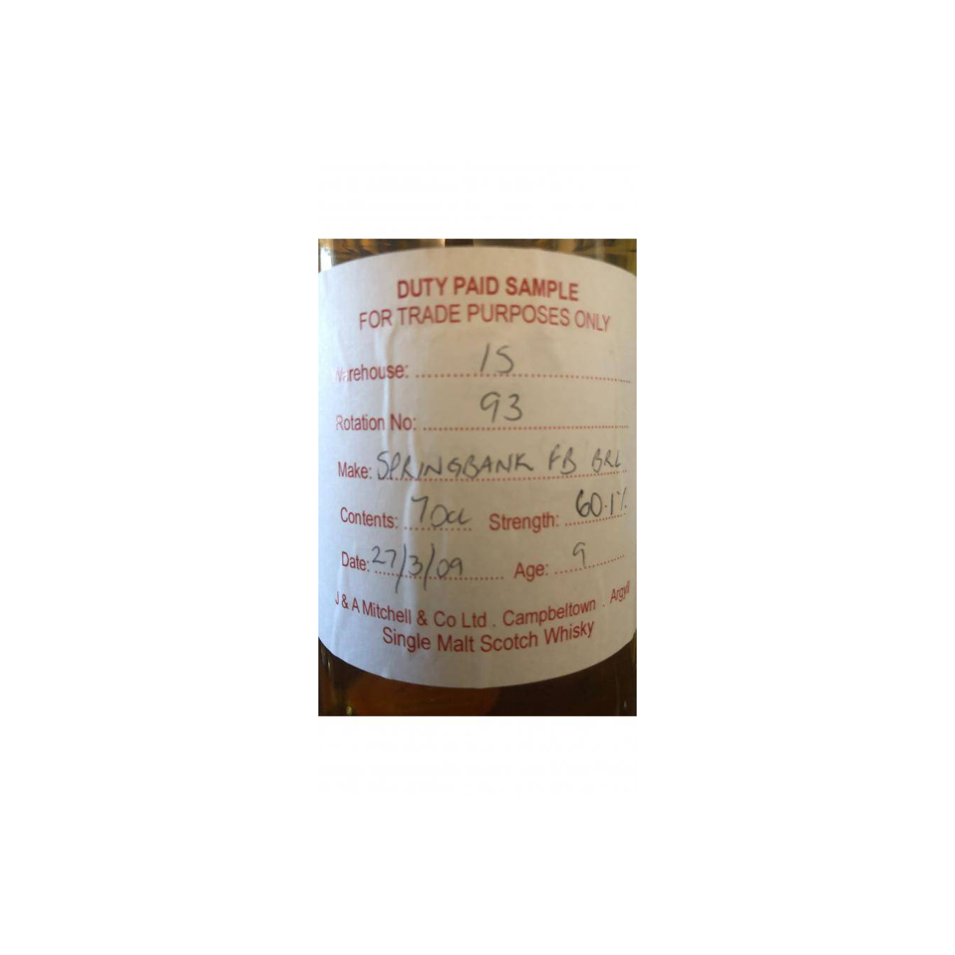 Springbank Duty Paid Sample - For Trade Purposes Only 2009 9 Years Single Malt Whisky