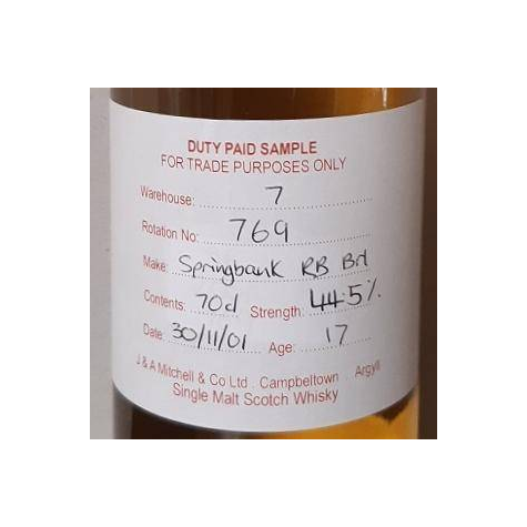 Springbank Duty Paid Sample - For Trade Purposes Only 2001 17 Years Single Malt Whisky