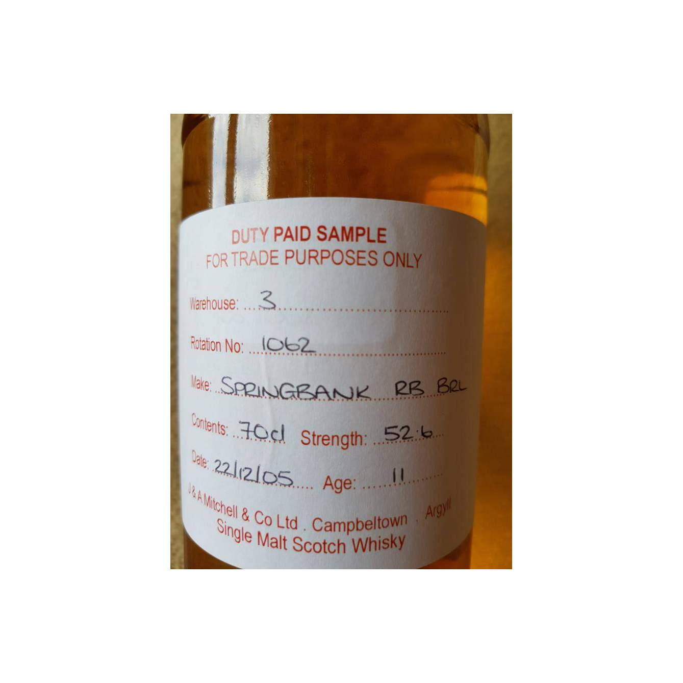 Springbank Duty Paid Sample - For Trade Purposes Only 2005 11 Years Single Malt Whisky 2
