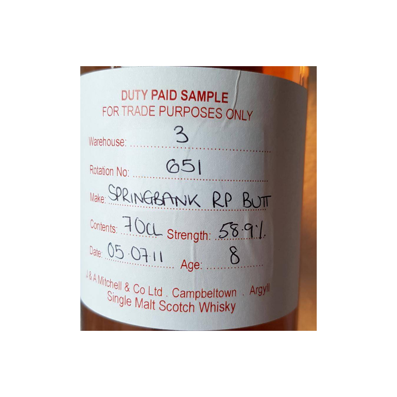 Springbank Duty Paid Sample - For Trade Purposes Only 2011 8 Years Single Malt Whisky 2